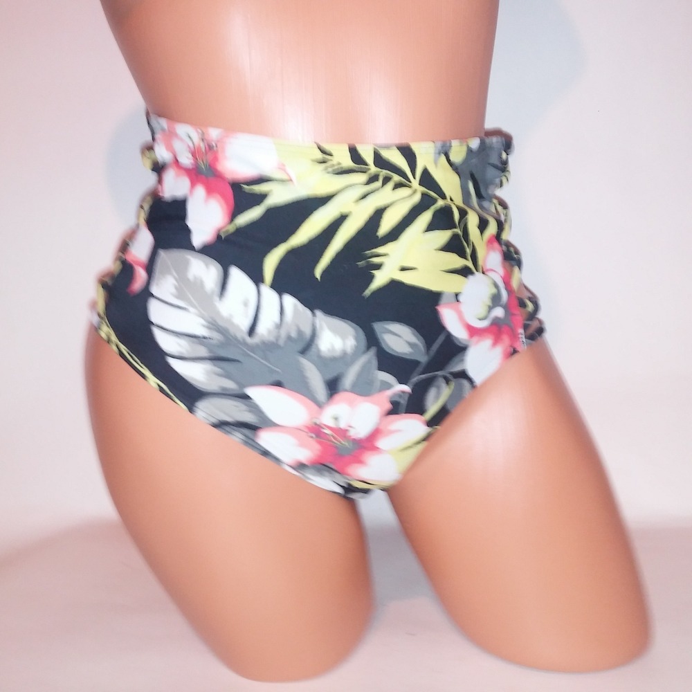 Hollister Swim Bikini Bottom Medium Black Yellow Strappy Sides Floral